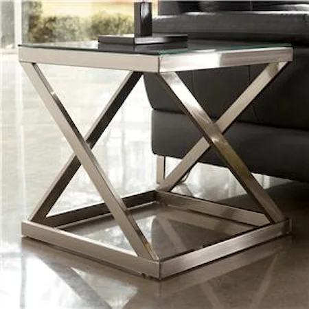 Brushed Metal Square End Table with Clear Tempered Glass Top